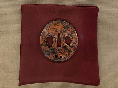 Mokume gane tsuba made by Masaki Takahashi is on display at The Japanese Sword Museum in Tokyo.