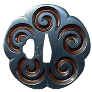 Tsuba with design of woodgrain pattern. Signed Syoami denbei, a resident of Dewa Akita province