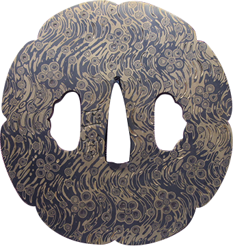 Tsuba with design of cherry-blossom floating on a stream. Signed Takahashi okitsugu with kao.